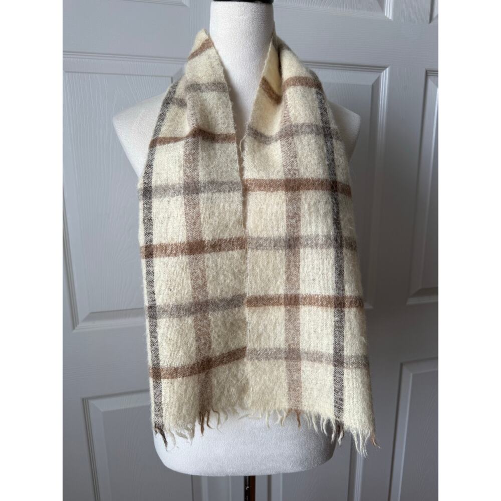 Handwoven Icelandic Wool Cream Brown‎ Plaid Scarf Fringe Minimalist Iceland Made